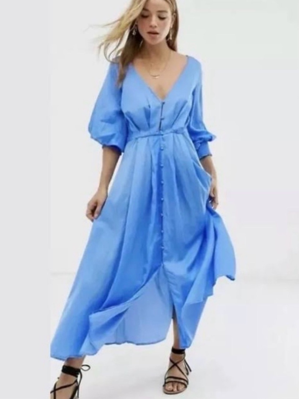 NWT FREE PEOPLE Later Days Midi Dress Blue Long Sleeve Peasant 6